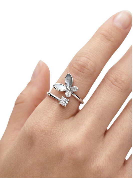 Verstellbarer Silber-Schmetterlingsring mit Perlmutt und Zirkonia aus 925er Sterlingsilber – Oya Silver – Ansicht 2