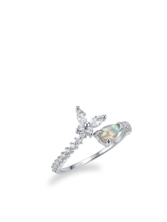 Verstellbarer Silber-Damenring mit Schmetterling und Mondstein-Tropfen aus 925er Sterlingsilber – Oya Silver