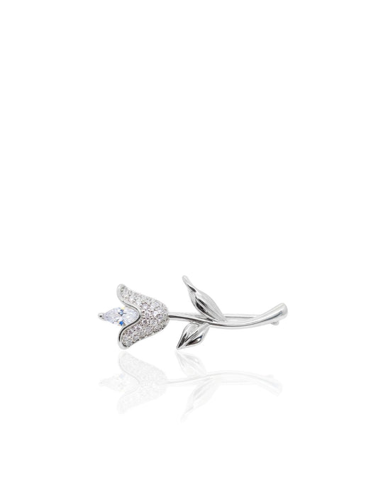 Tulpen-Brosche aus 925 Silber mit weißen Zirkonia 3 x 1,1 cm – Ansicht 1 | Oya Silver