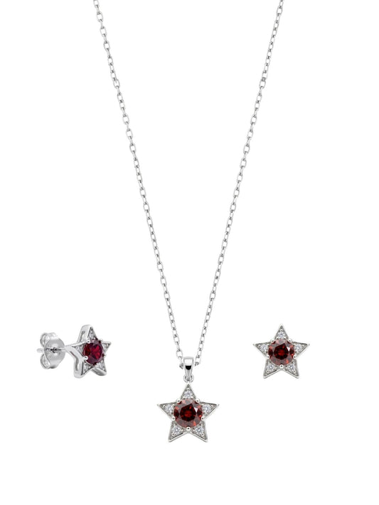 Minimalistisches Stern-Schmuckset aus Silber mit granatroten Zirkonia aus 925er Sterlingsilber – Oya Silver