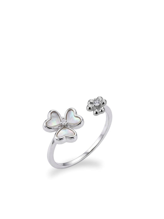 Verstellbarer Silber-Damenring mit Perlmutt-Kleeblatt und Blüte aus 925er Sterlingsilber – Oya Silver