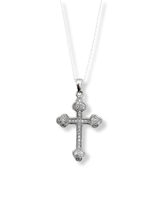 Große floral verzierte Kreuz-Halskette aus Silber mit Steinen – Oya Silver