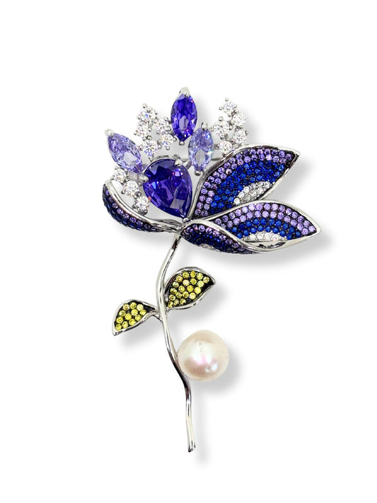 Große Blumenbrosche aus Silber mit Amethyst, Saphir, Zirkon und Perle 7 x 4,2 cm – Oya Silver