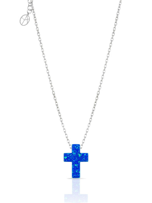 Kreuz-Halskette aus Silber mit dunkelblauem Opal – Oya Silver