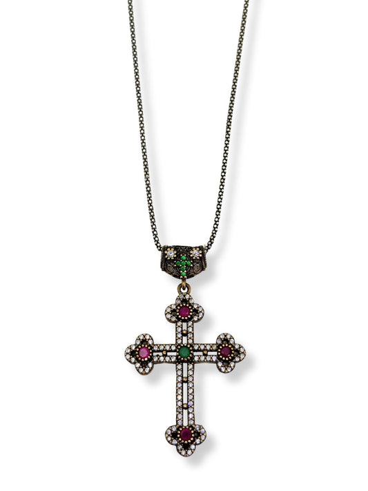 Kreuz-Halskette aus Silber mit Rubin, Smaragd und Zirkon – Oya Silver