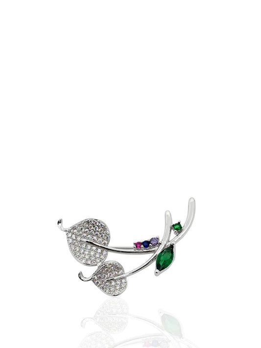 Blattzweig-Brosche aus Silber mit Zirkonsteinen 3,1 x 1,9 cm – Oya Silver