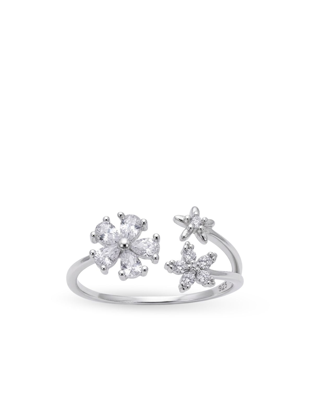 Verstellbarer Silber-Damenring mit drei Zirkonia-Blüten aus 925er Sterlingsilber – Oya Silver – Ansicht 3