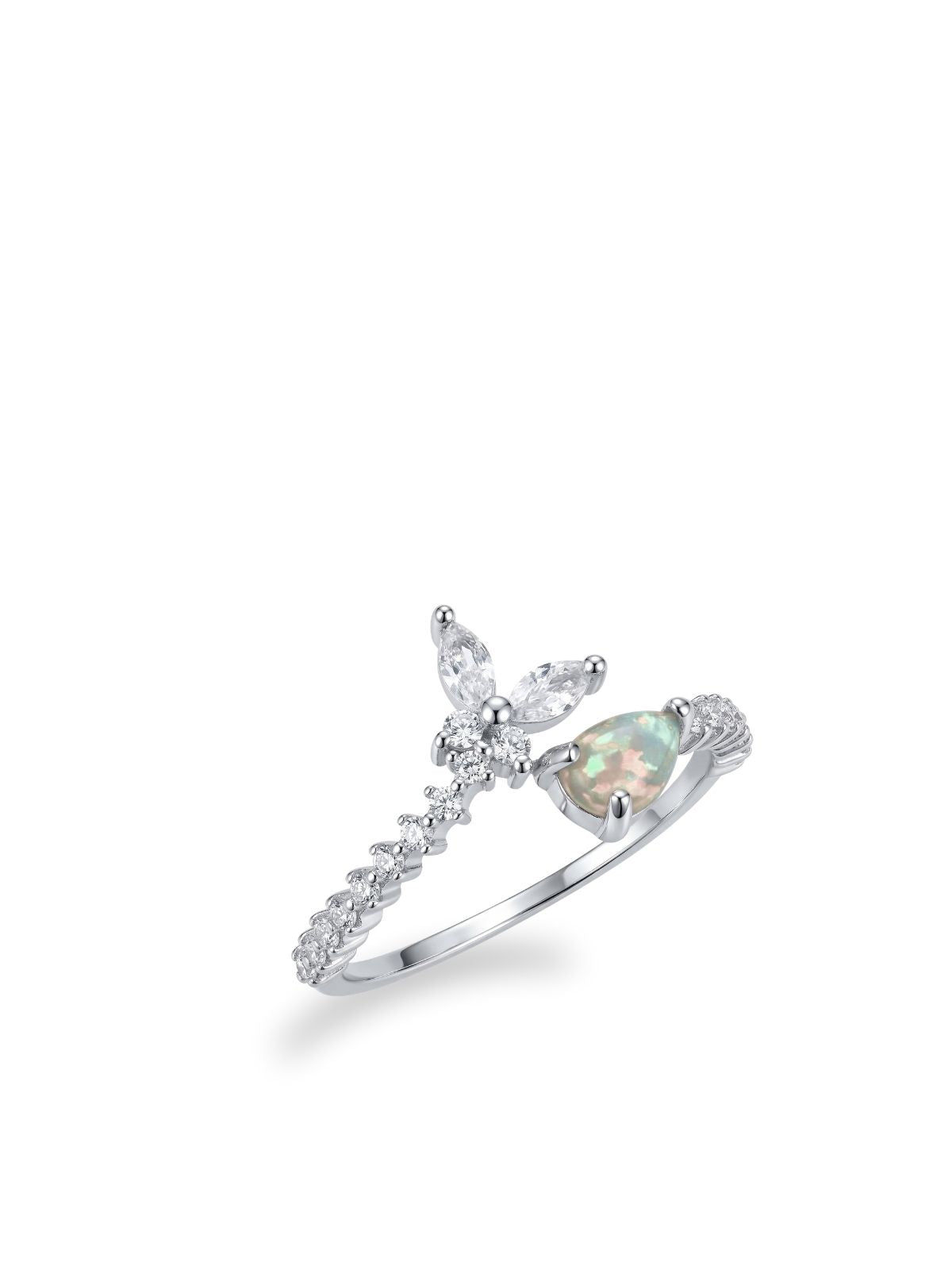 Verstellbarer Silber-Damenring mit Schmetterling und Mondstein-Tropfen aus 925er Sterlingsilber – Oya Silver
