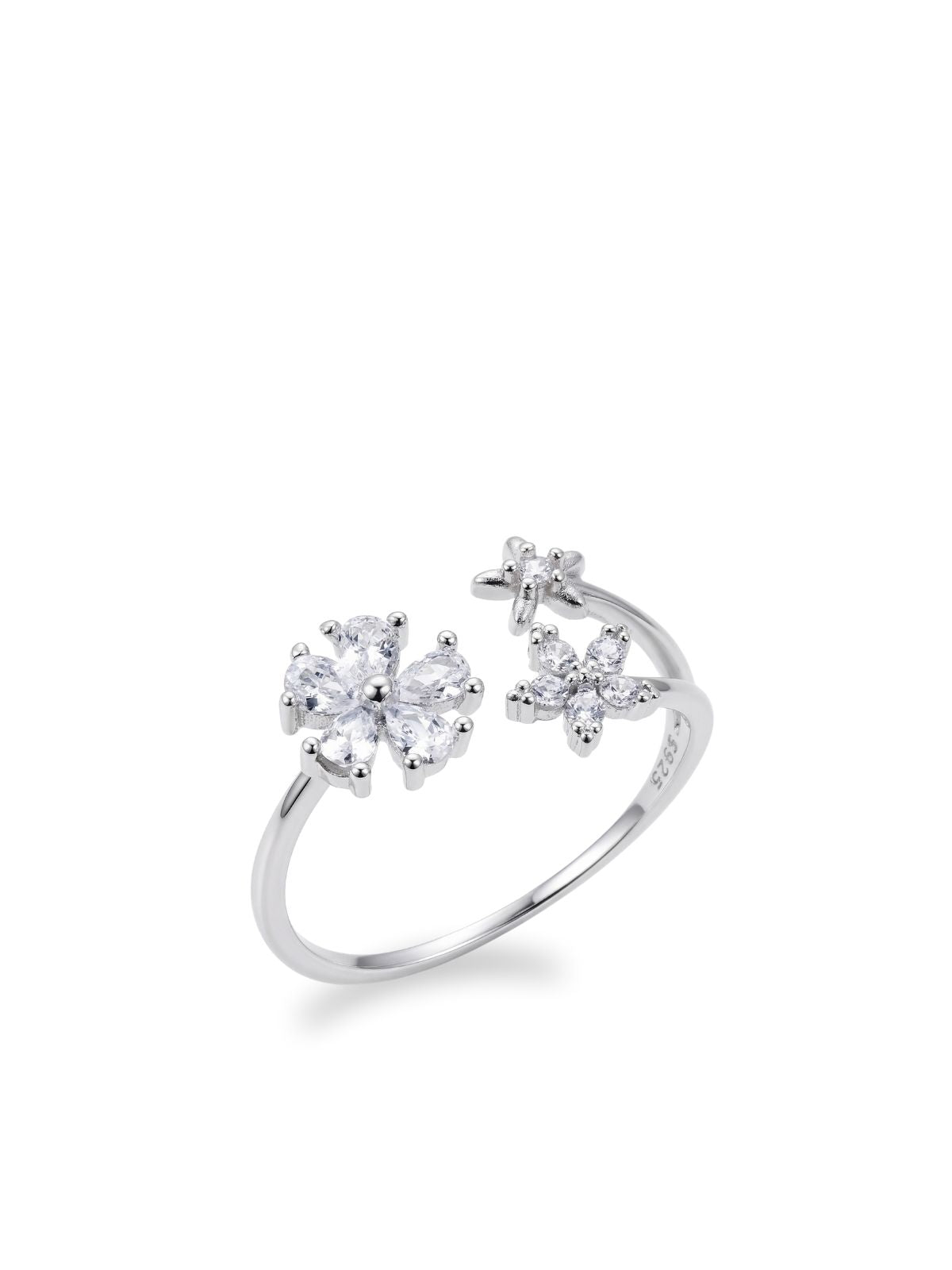 Verstellbarer Silber-Damenring mit drei Zirkonia-Blüten aus 925er Sterlingsilber – Oya Silver