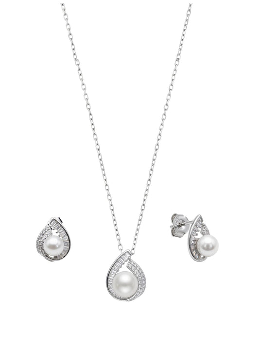 Silber-Schmuckset mit Perle und Baguette-Zirkonia aus 925er Sterlingsilber – Oya Silver