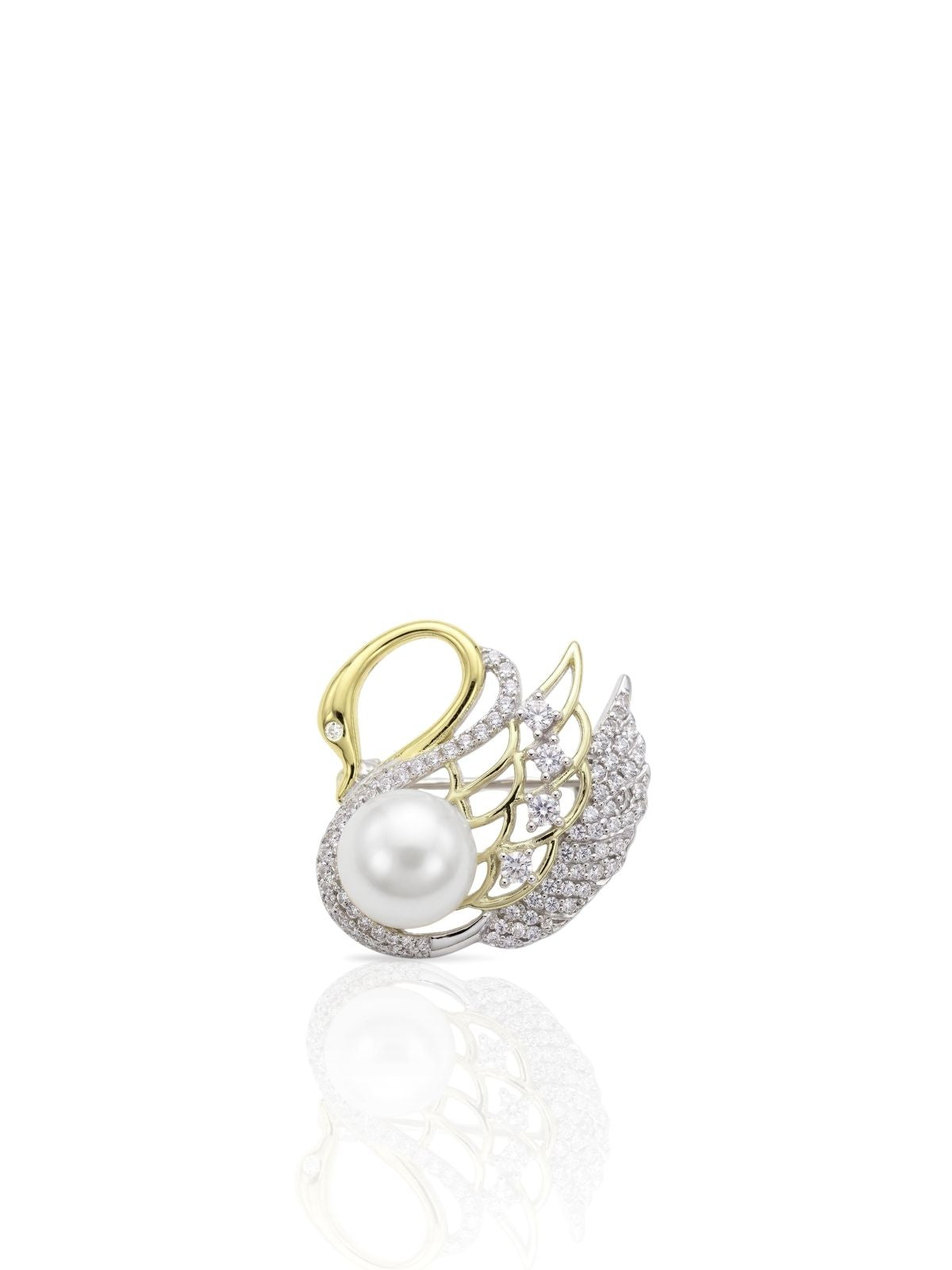 Schwan-Brosche aus Silber mit Perle und Zirkonia aus 925er Sterlingsilber – Oya Silver