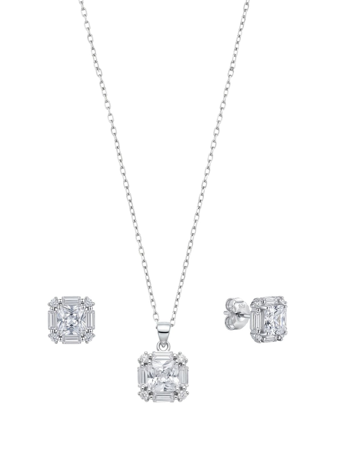 Quadratisches Silber-Schmuckset mit Baguette-Zirkonia aus 925er Sterlingsilber – Oya Silver