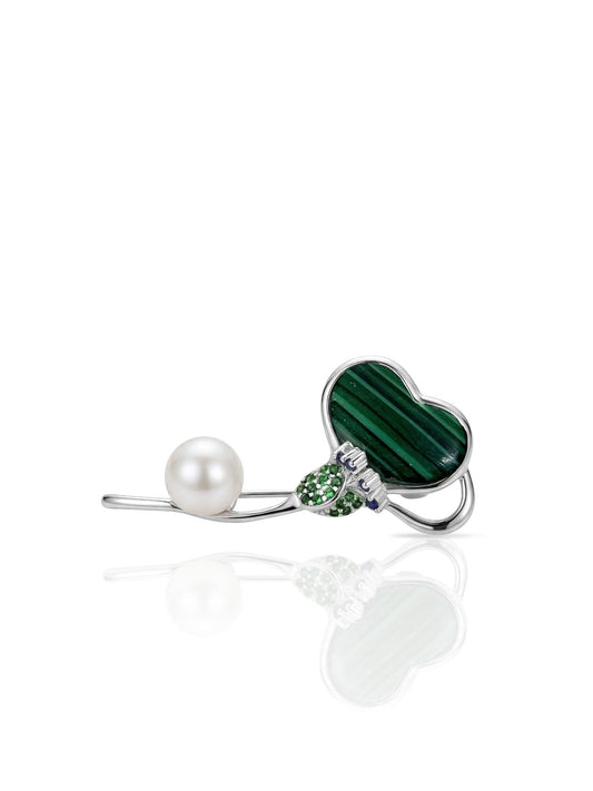 Herz-Brosche aus Silber mit Malachit und Perle aus 925er Sterlingsilber – Oya Silver
