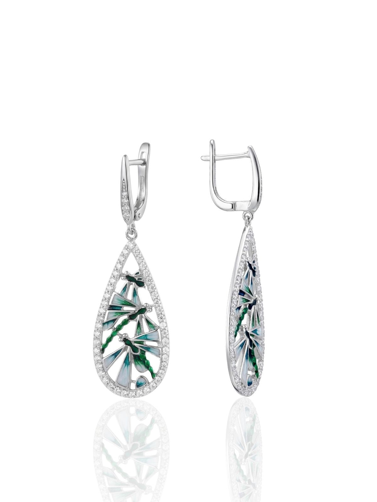 Hängende Silber-Libellenohrringe mit Emaille und Zirkonia-Tropfen aus 925er Sterlingsilber – Oya Silver