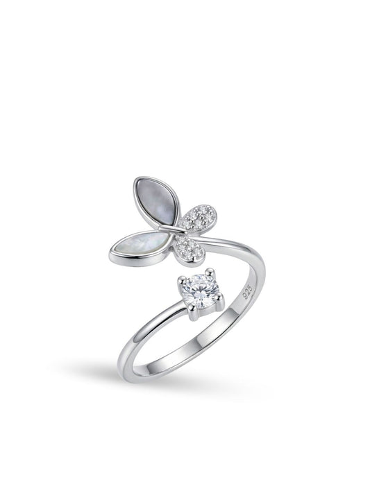 Verstellbarer Silber-Schmetterlingsring mit Perlmutt und Zirkonia aus 925er Sterlingsilber – Oya Silver