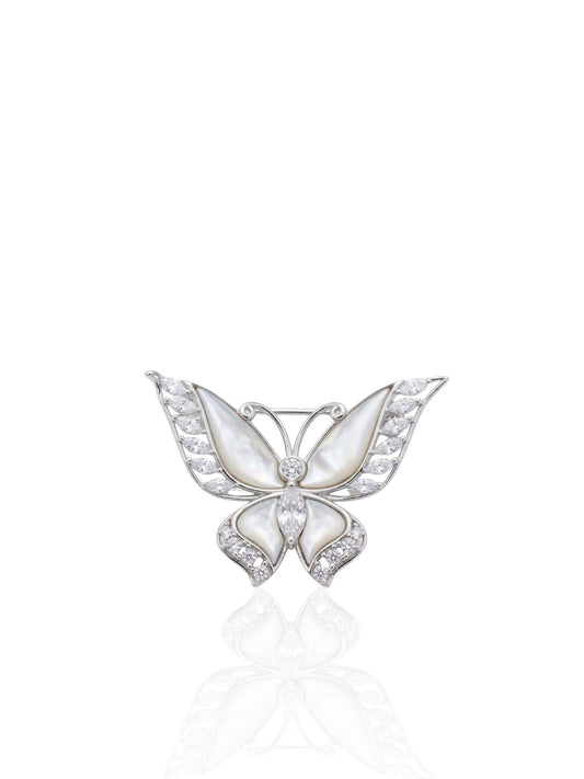 Schmetterlings-Brosche aus 925 Silber mit Perlmutt und Baguette-Zirkonia 3 x 4 cm – Ansicht 1 | Oya Silver