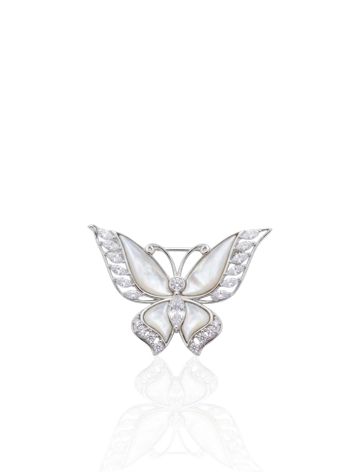 Schmetterlings-Brosche aus Silber mit Perlmutt und Baguette-Zirkonia aus 925er Sterlingsilber – Oya Silver