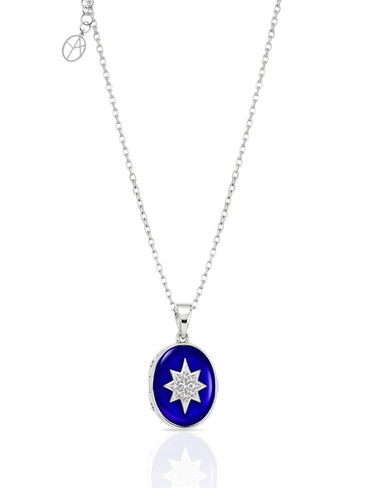 Ovales Nordstern-Medaillon aus 925 Silber mit dunkelblauer Emaille – Oya Silver – Ansicht 2