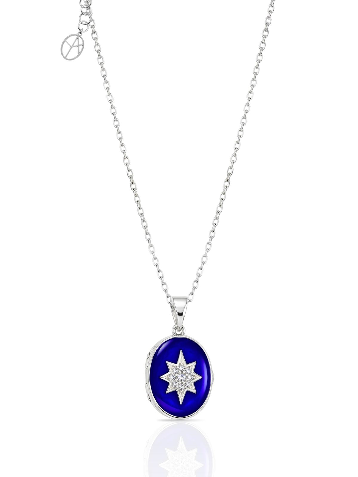 Ovales Nordstern-Medaillon aus 925 Silber mit dunkelblauer Emaille – Oya Silver