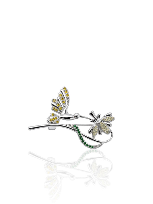 Kolibri-und-Blumen-Brosche aus 925 Silber mit bunten Zirkonia 3,2 x 1,7 cm – Ansicht 1 | Oya Silver