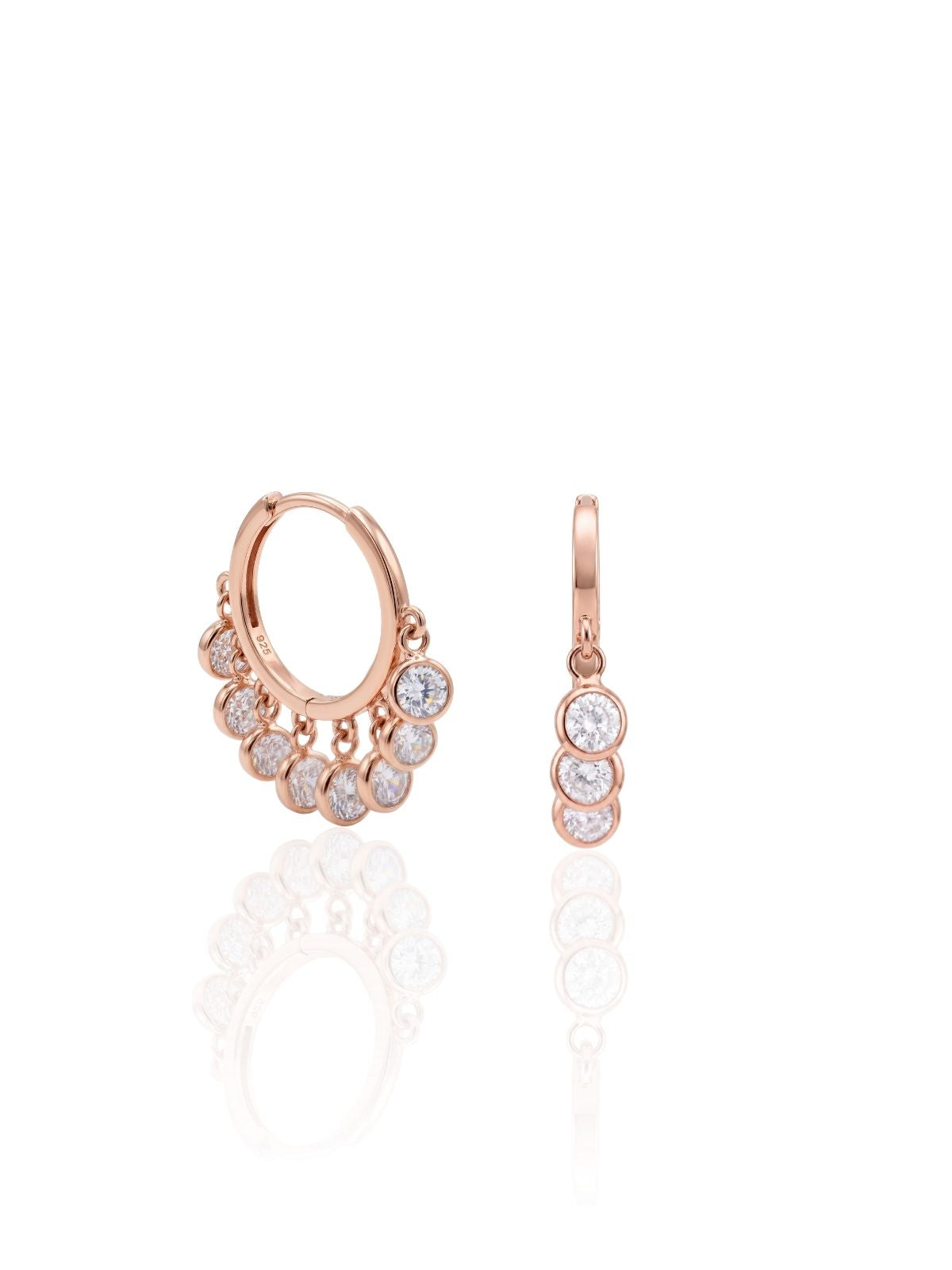 Feine Rosé-Silber-Creolen mit mehreren hängenden runden Zirkonia aus 925er Sterlingsilber – Oya Silver