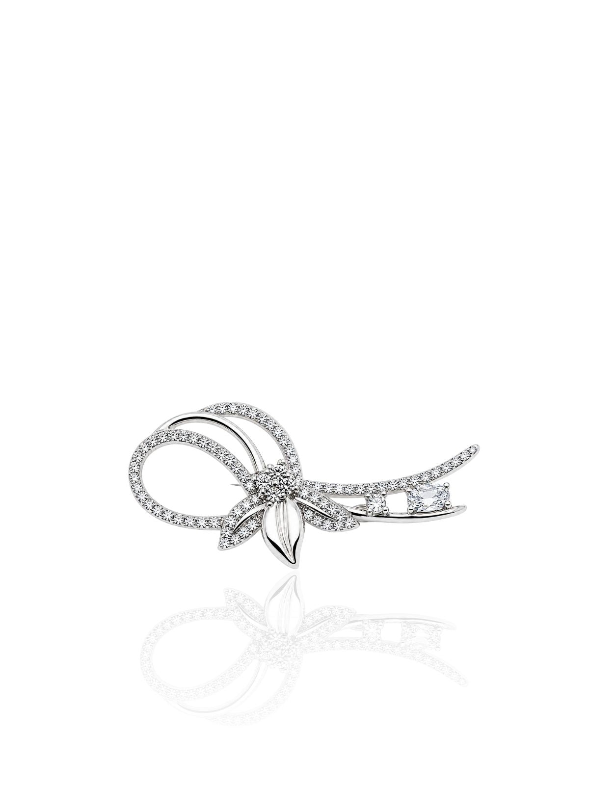 Elegante Flora-Brosche aus 925 Silber mit Zirkonia 4 x 1,6 cm – Ansicht 1 | Oya Silver