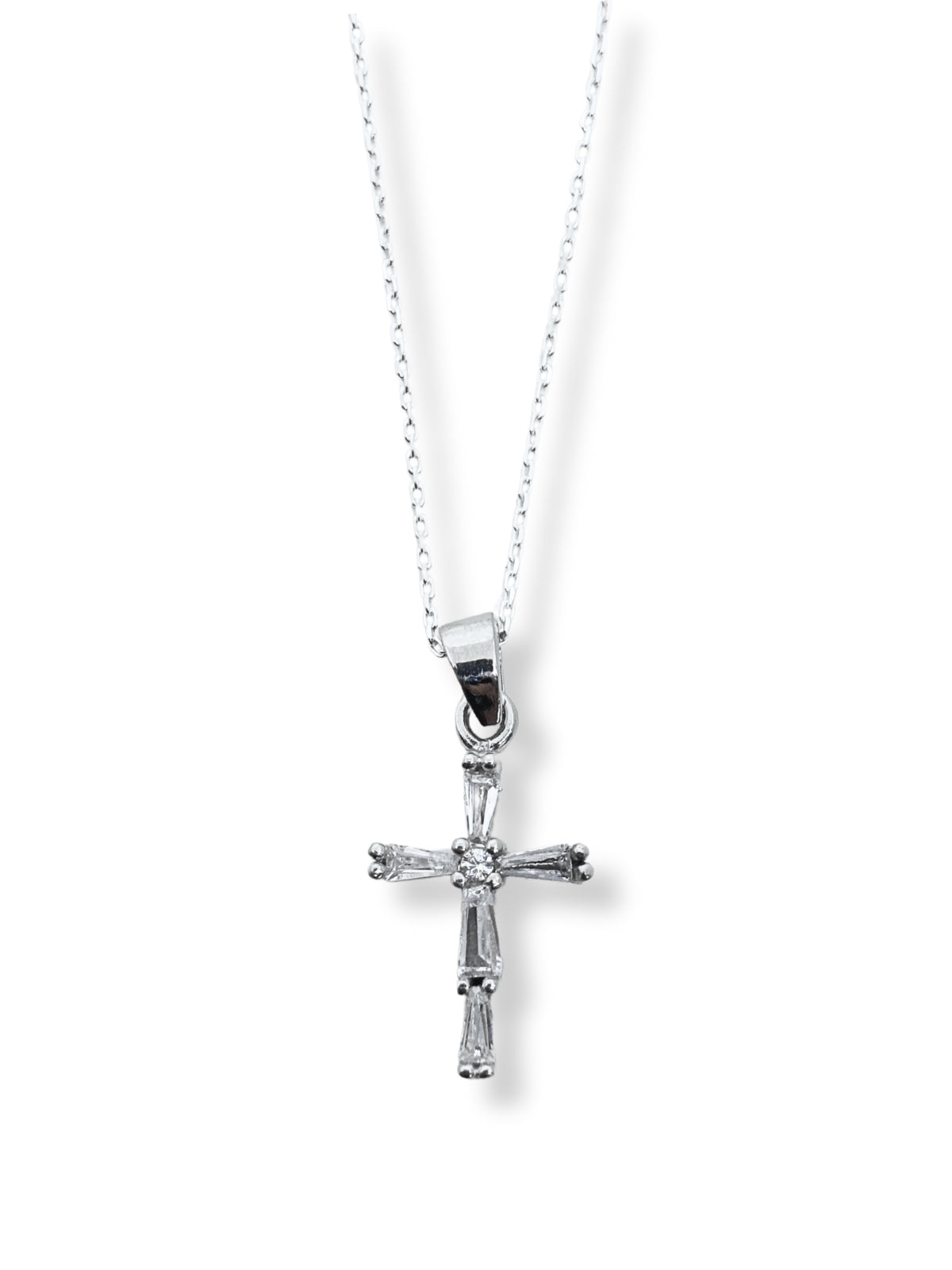Kreuz-Halskette aus Silber mit Baguette-Steinen – Oya Silver