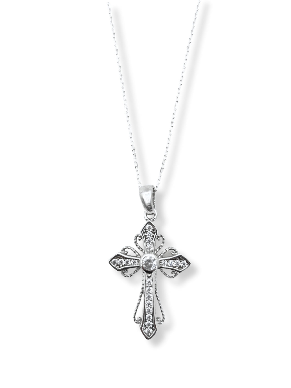 Kreuz-Halskette aus Silber mit weißen Steinen – Oya Silver