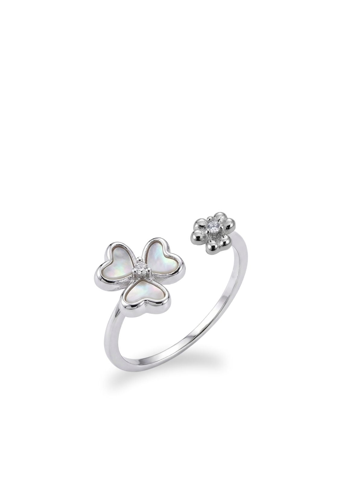 Verstellbarer Silber-Damenring mit Perlmutt-Kleeblatt und Blüte aus 925er Sterlingsilber – Oya Silver