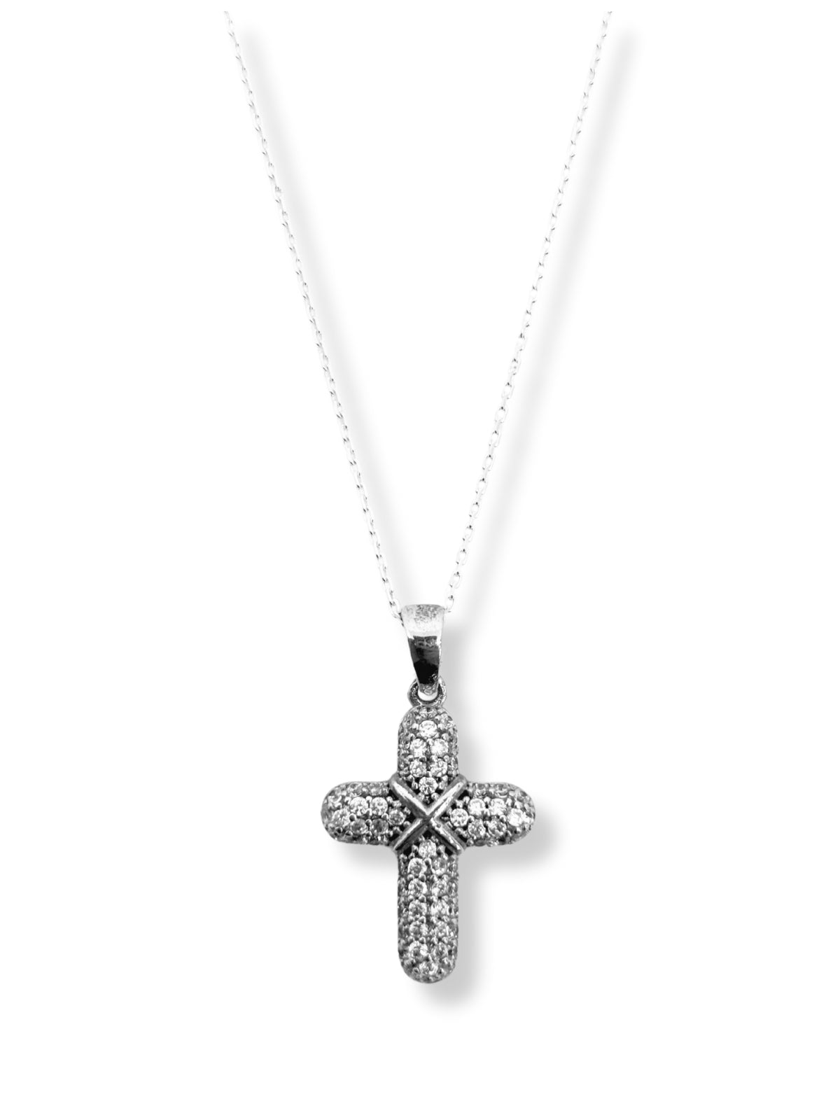 Puffy Kreuz-Halskette aus Silber mit weißen Steinen – Oya Silver