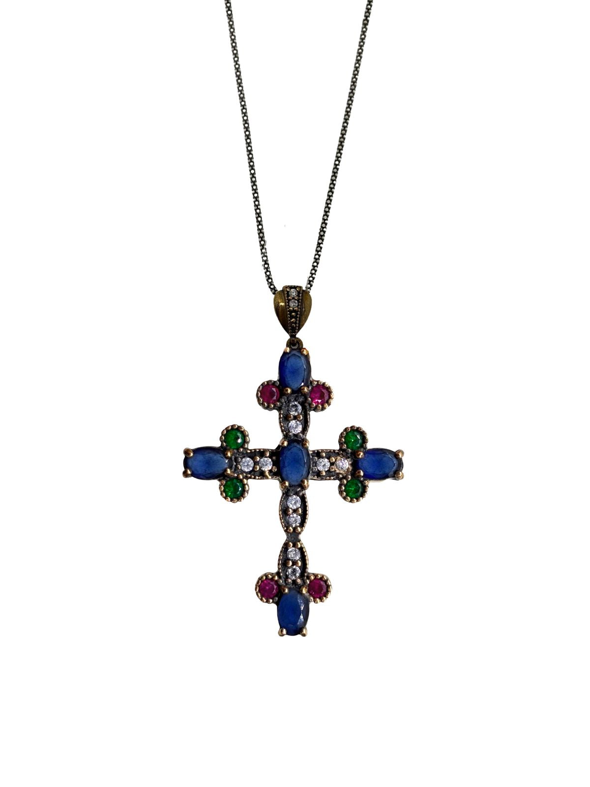 Authentische Kreuz-Halskette aus Silber mit Natursteinen – Oya Silver