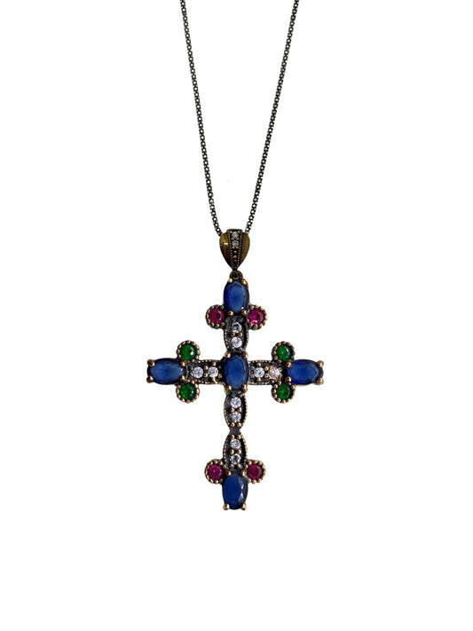 Authentische Kreuz-Halskette aus Silber mit Natursteinen – Oya Silver