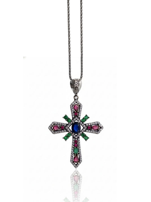 Authentische Kreuz-Halskette aus Silber mit Natursteinen – Oya Silver