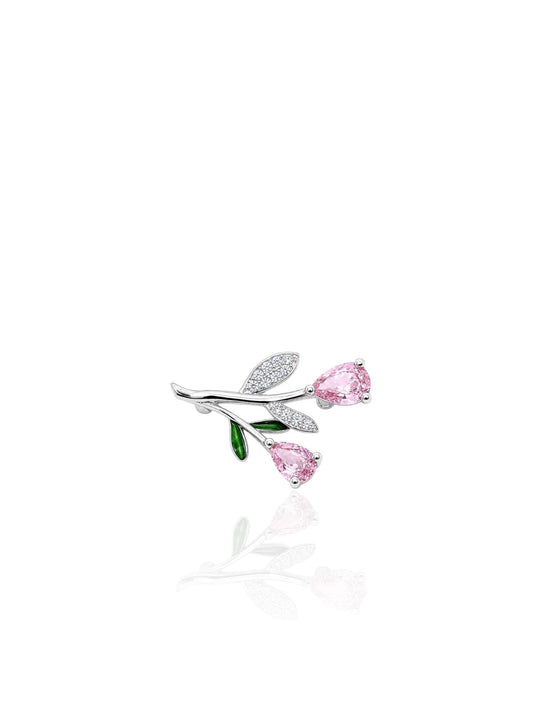 Minimalistische Blumenbrosche aus Silber mit Rosenquarz 1,5 x 2,4 cm – Oya Silver