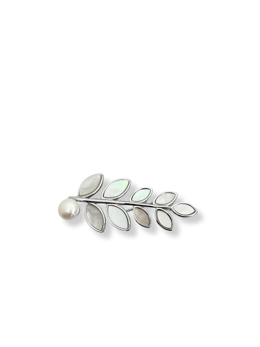 Zweigbrosche aus Silber mit Perlmuttblättern 2 x 4,5 cm – Oya Silver