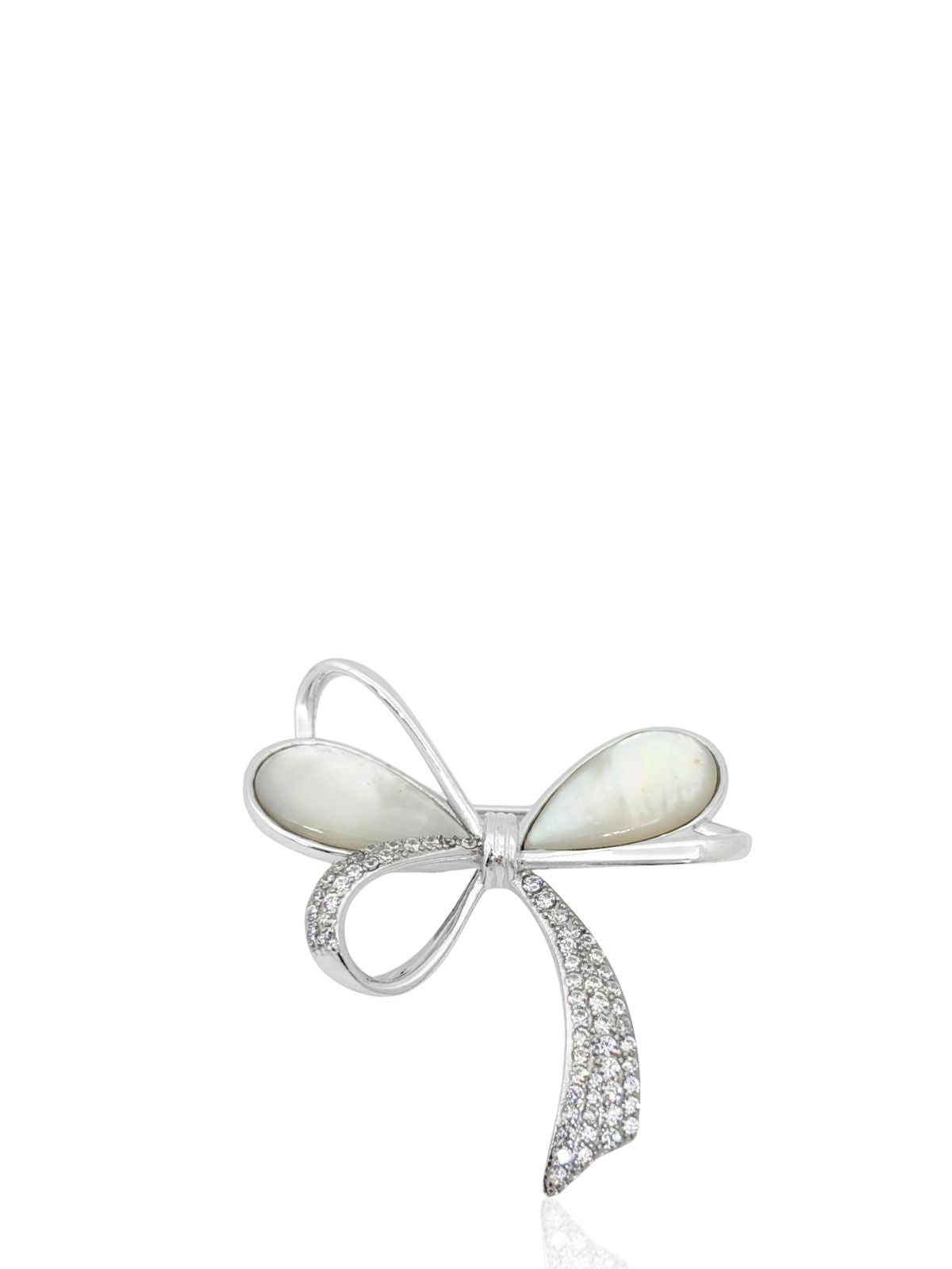 Schleifenbrosche aus Silber mit weißem Perlmutt und Zirkonsteinen 3,9 x 3,9 cm – Oya Silver