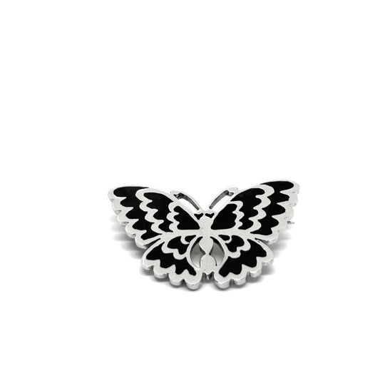 Schwarze emaillierte Schmetterlingsbrosche aus Silber – Oya Silver