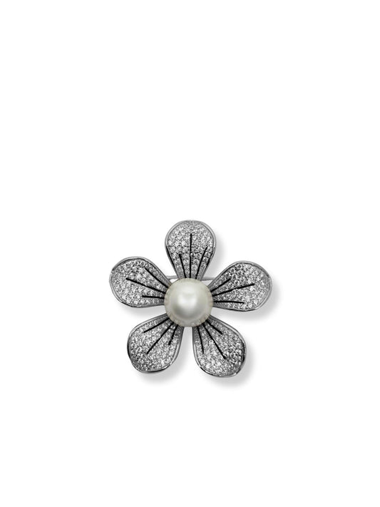 Blumenbrosche aus Silber mit Perle und Steinen 3,5 x 3,5 cm – Oya Silver