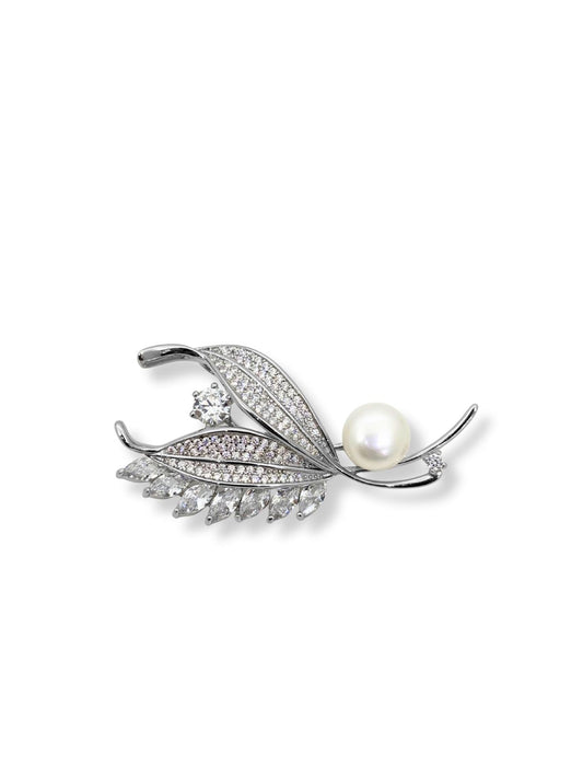 Doppelblatt-Brosche aus Silber mit Perlen und Steinen 2,7 x 5 cm – Oya Silver