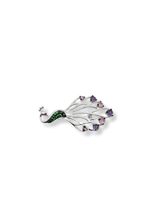 Pfauenbrosche aus Silber mit Rosenquarz und Amethyst 2 x 4 cm – Oya Silver